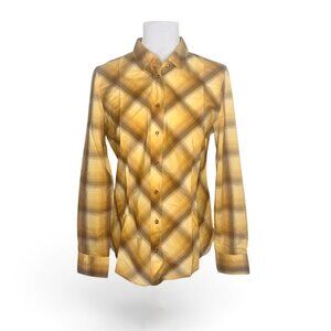 New York & Company Plaid Western Button Down Shirt Yellow Brown Long Sleeve M